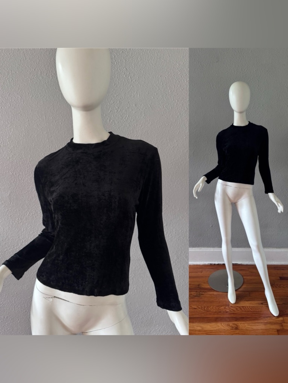 Vintage 90s Black Velvet Mock Neck Crop Long Sleeve Top Blouse M